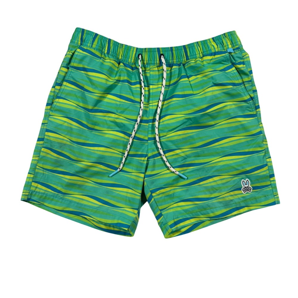 Psycho Bunny Swim Trunks Mens Medium Green Blue Wavy Stripe Logo Board Shorts